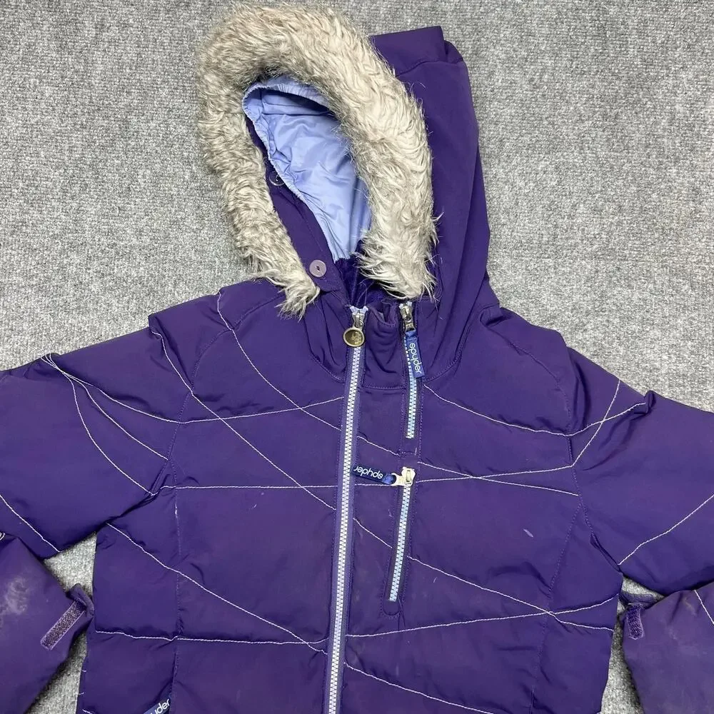 Spyder Ski Jacket Girls 14 Purple Hooded Puffer Insulated Faux Fur Winter Coat